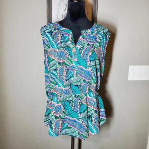 Liz Claiborne NWOT Sleeveless Peplum Palm Print Colorful Blouse Size Large